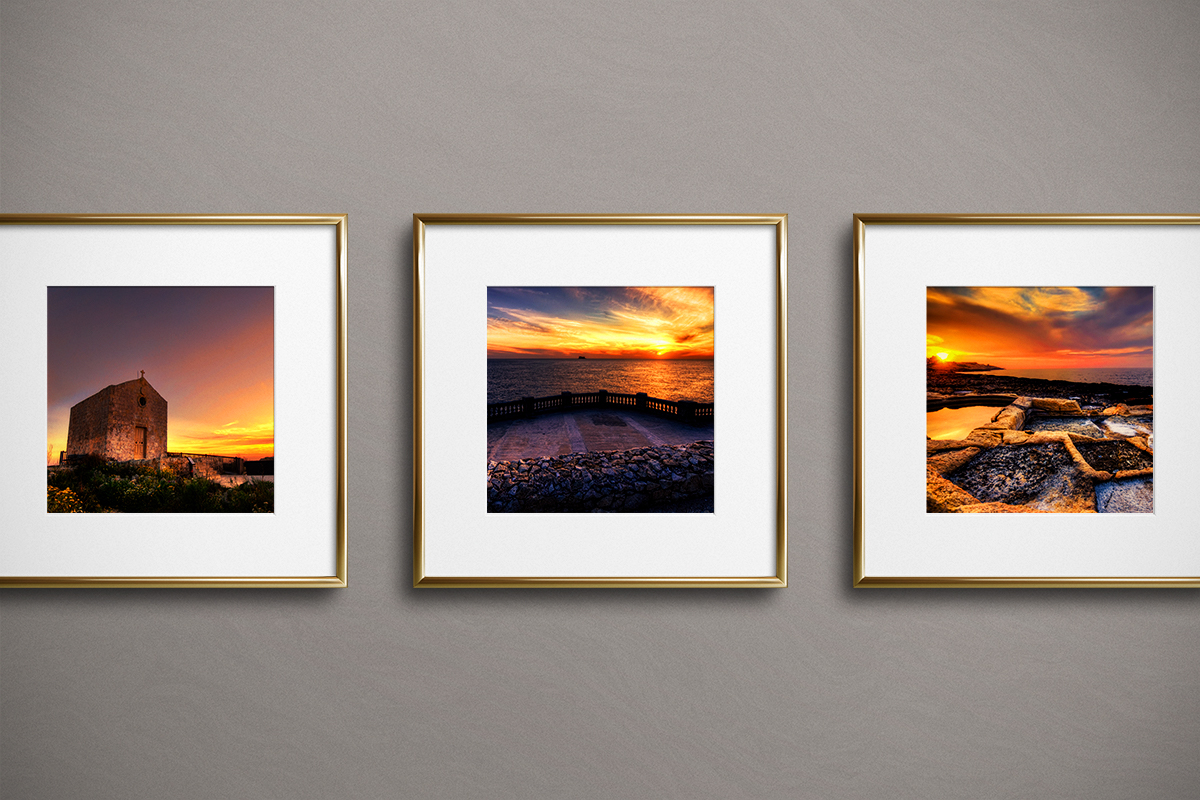 3 Malta Frames with sunset with Gold border