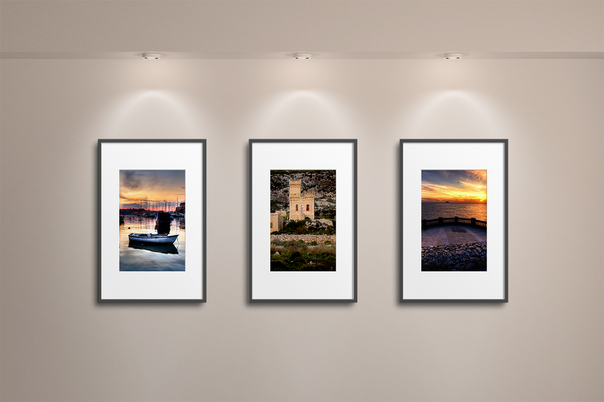 3 Malta sunset frames with Gold borders
