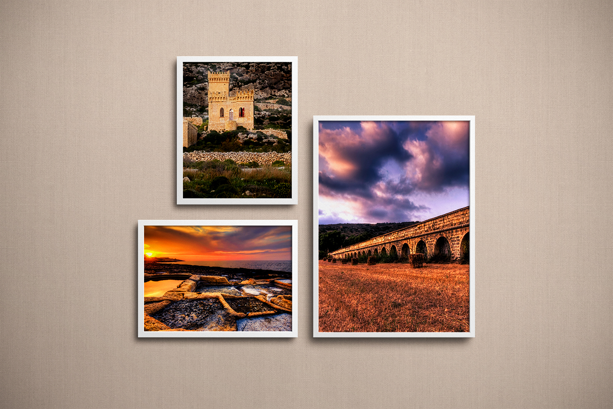 3 Malta sunset photo frames with white border