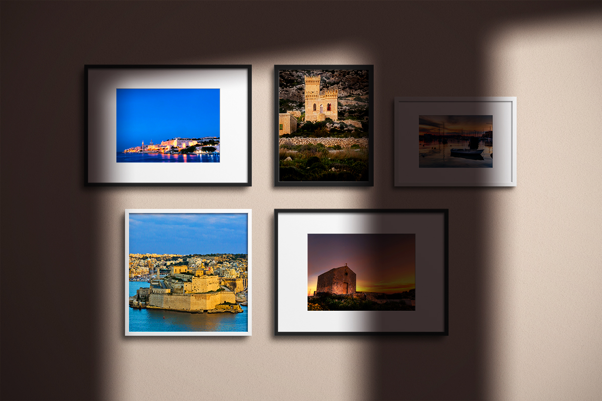 5 Malta sunset photo frames with black and white borders