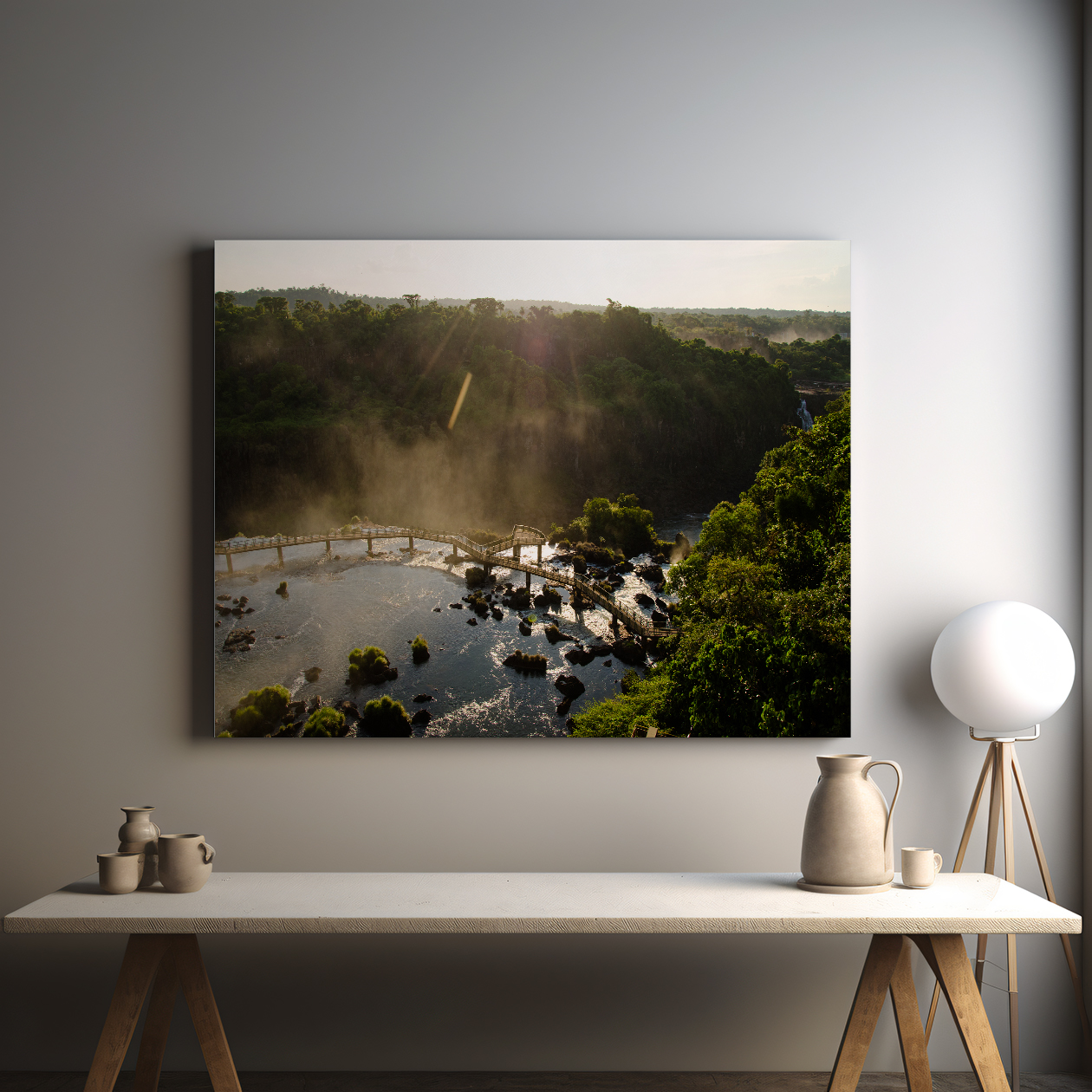 landscape of Iguazu Falls canvas with wooden table